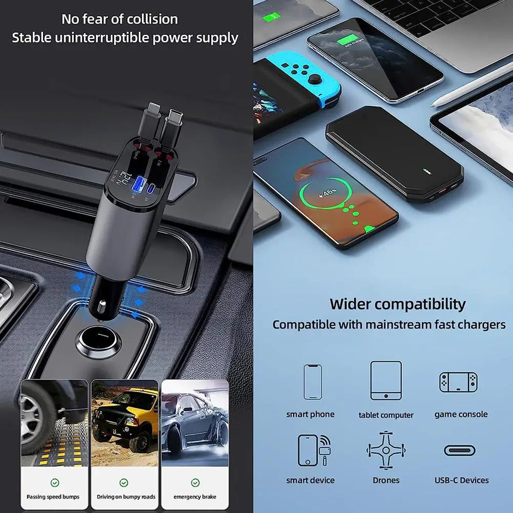 100w 4 IN 1 Retractable Car Charger USB Type C Cable For IPhone Samsung Fast Charge Cord Cigarette Lighter Adapter